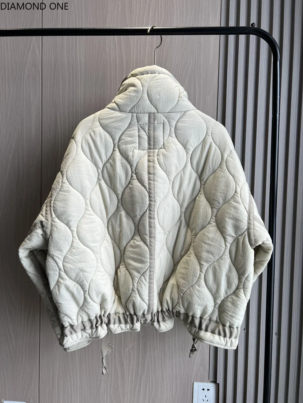 Quilted coat for women  new beige drawstring high neck pocket clip cotton jacket for women