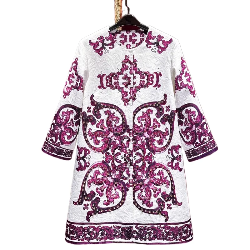 

2024, роскошная жаккардовая куртка в английском стиле с вышивкой, женское длинное пальто с цветочным принтом и бисером, верхняя одежда с круглым вырезом, Тренч с рукавами 2/3