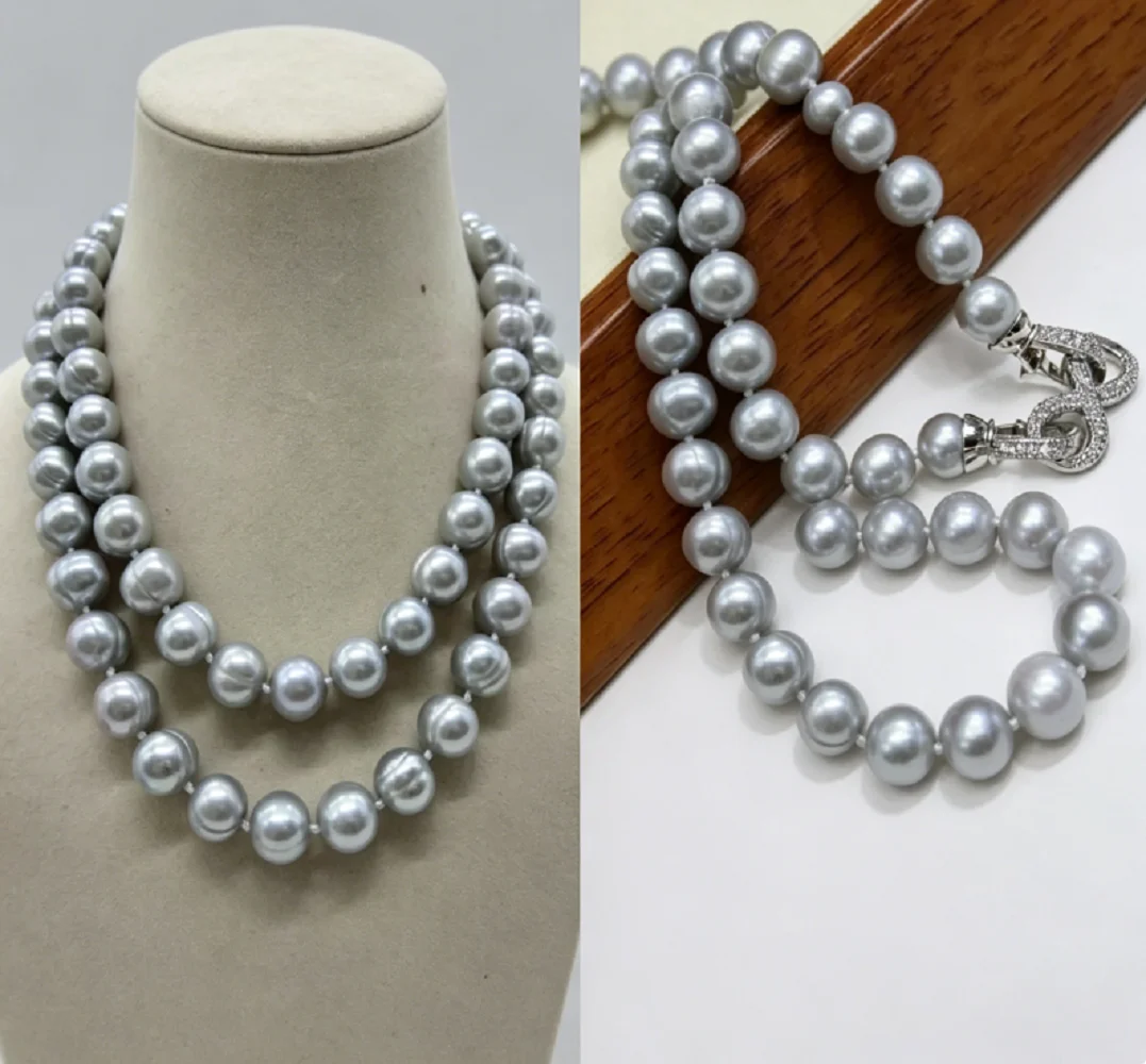 

Elegant necklace AAA11-12mm natural Nanyang Baroque gray pearl necklace 925s-18in