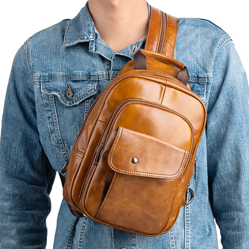 2026 New Retro Men Mini Backpack Genuine Leather Multifunctional Bag First Layer Cowhide Handmade Male Chest Bags Travel Bag view 4