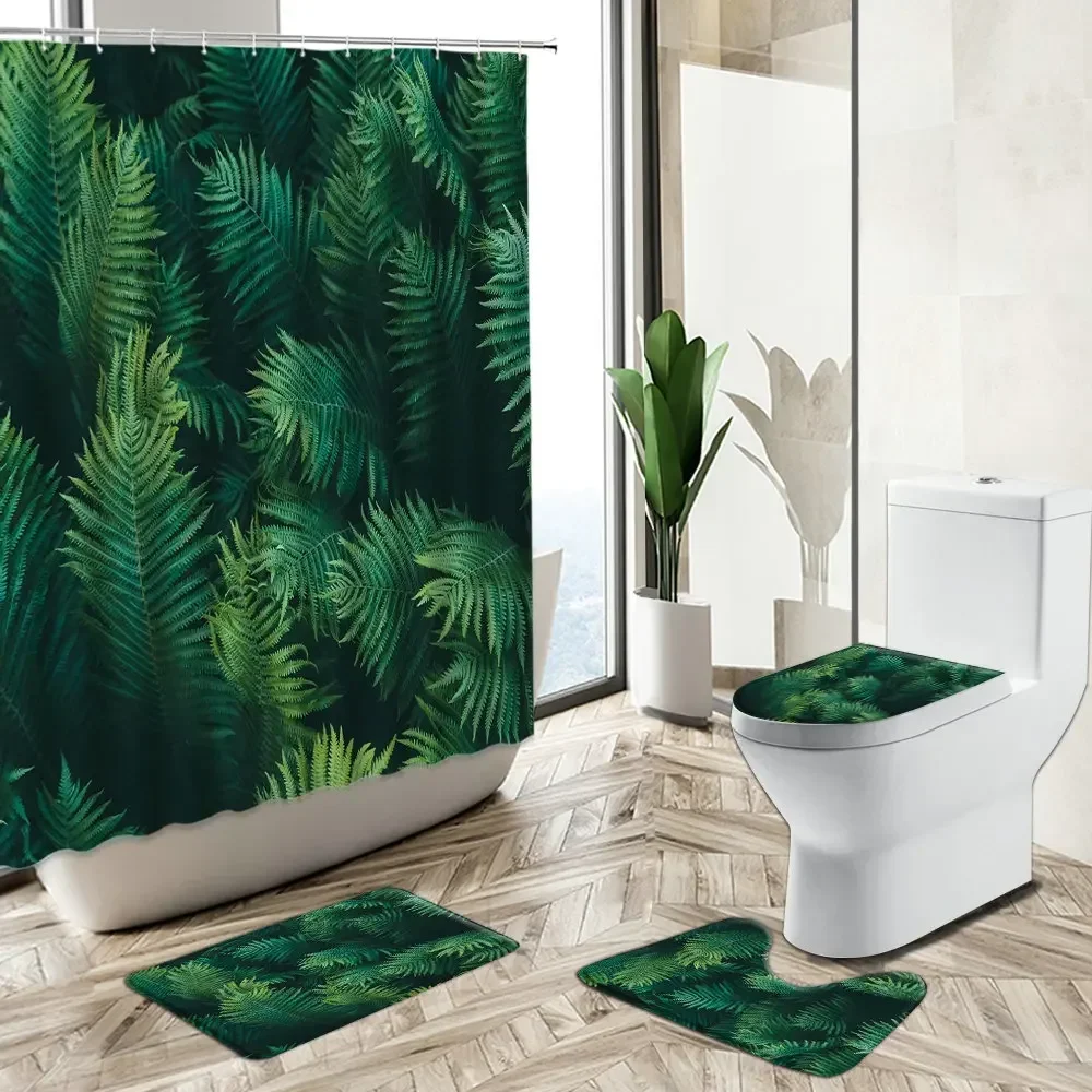 Tropical Banana Leaf Shower Curtains ​Palm Foliage Plant Flower Summer Jungle Theme Non-Slip Carpet Toilet Cover Bath Mat Sets