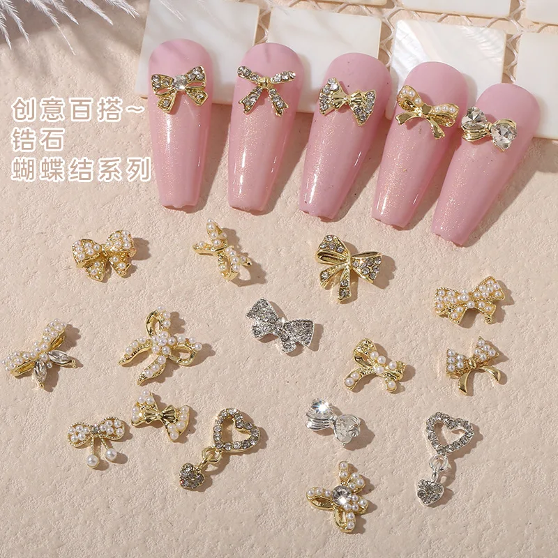 

10PCS 3D nail charms kawaii accessories glitter diamond pearl bow heart Pendant DIY manicure supplies press on nails rhinestones