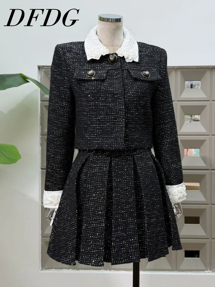 

DFDG Women’s 2025 Elegant Black Sequin Blazer Pleated Skirt Set Beaded Lapel Designer Office Party Outfit Spring Autumn Set