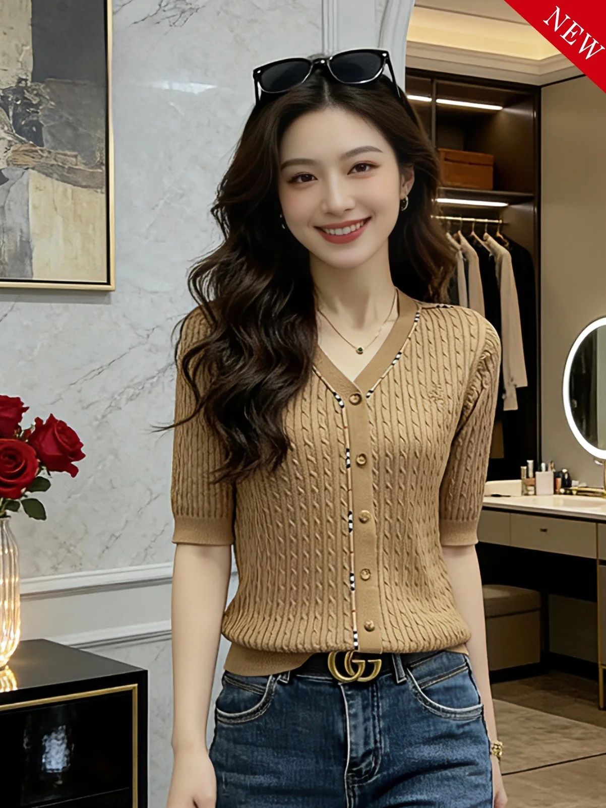 

Новинка Весна-Лето: Женский полосатый кардиган в стиле французского шика с V-образным вырезом, повседневный, универсальный, с открытым передом, с узором косы, средней длины рукава, вязаный.