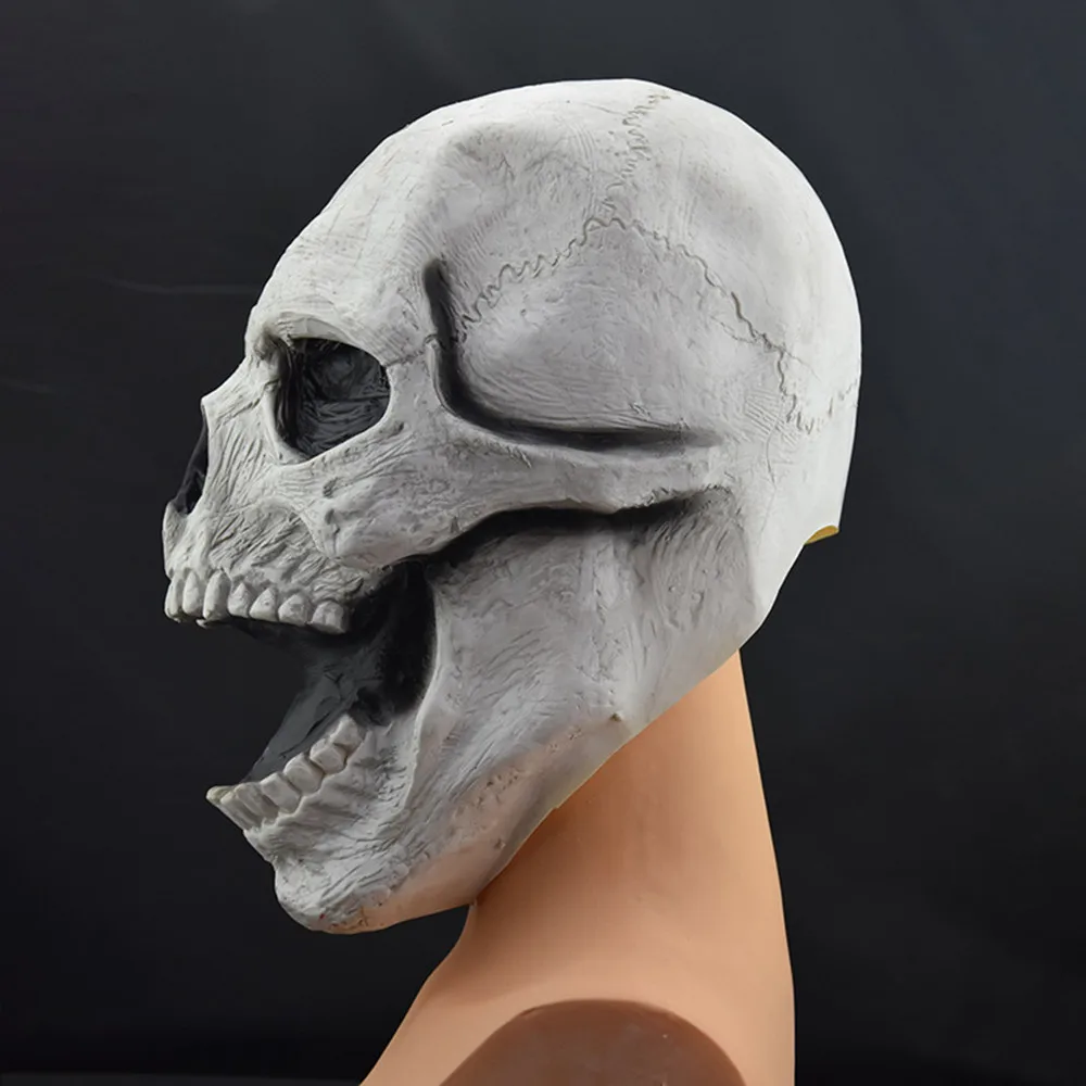 Creepy Halloween Full Head Skull Mask with Movable Jaw, Adult Entire Head Realistic Latex Helmet, Cosplay Party Scary Skeleton