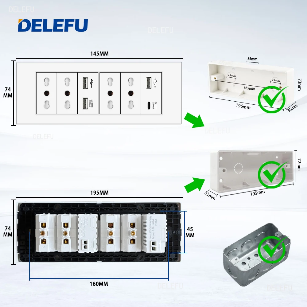 DELEFU Flame Retardant SC31 Panel 195mm White Italian Standard USB Type C Fast Charging Wall Socket Switch TV Phone CAT5 CAT6