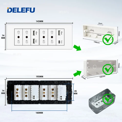 Imagen 2 del producto DELEFU-Panel ignífugo SC31 de 195mm, blanco, estándar italiano, USB tipo C, interruptor de toma de pared de carga rápida, TV, teléfono, CAT5, CAT6