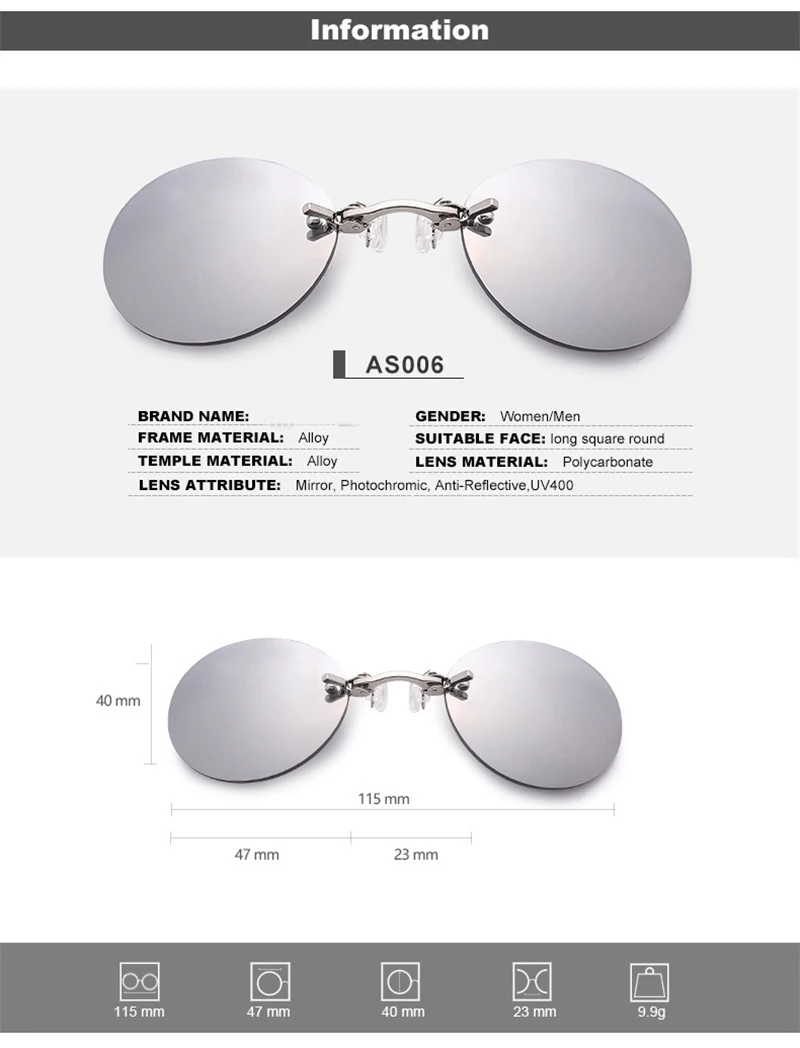 Clip On Nose Brille Runde randlose Matrix Morpheus Sonnenbrille Mini rahmenlose Vintage Herren Brillen UV400 – Detail 1