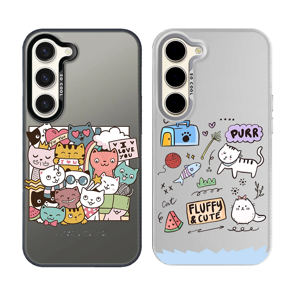 Silver Plated IMD Phone Case For Samsung S26 S25 S24 S23 S22 Ultra S20 S10 S21 FE 5G Plus Cover Art Doodle Cute Dog Kitten Cat