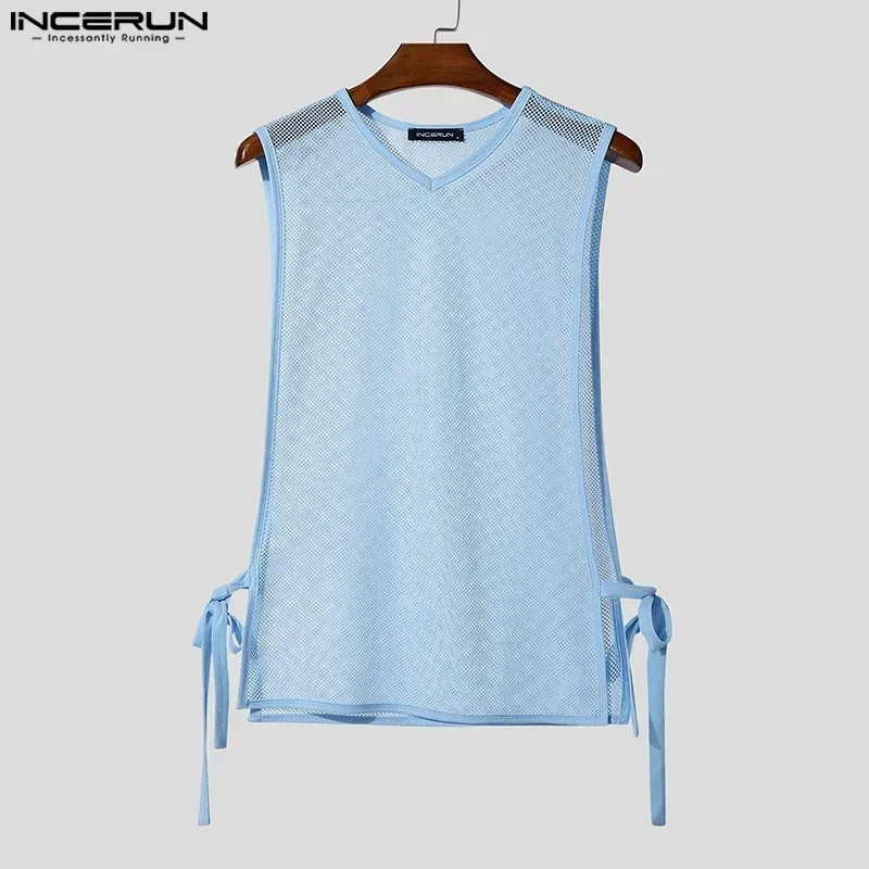 INCERUN Men Tank Tops Solid V Neck Sleeveless Lace Up Mesh See Through Male Vests Streetwear 2025 Split Fashion Men Clothing