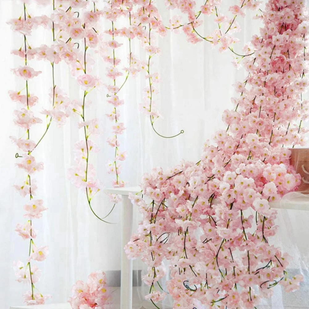 Artificial Cherry Blossom Vine Wedding Silk Garland Window Fireplace Wall Cherry Blossom Vine Garden Patio Staircase Party Decor