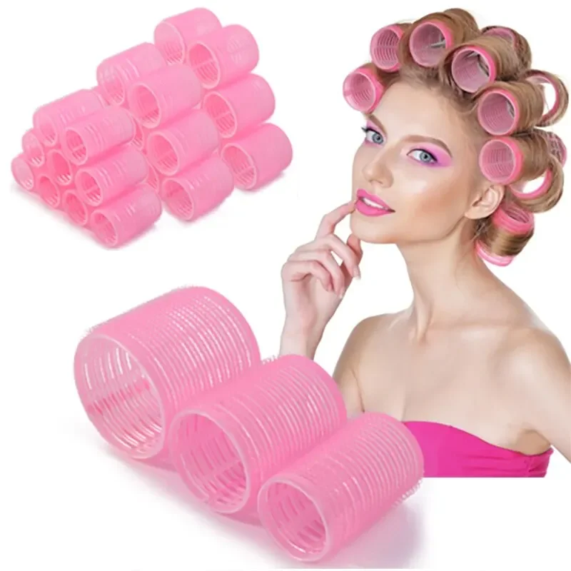 Hot Selling 9Pcs Pink Nylon Plastic Hair Rollers Set DIY Hairdressing Tools 3Sizes No Heat Self Grip Hair Roller Curlers