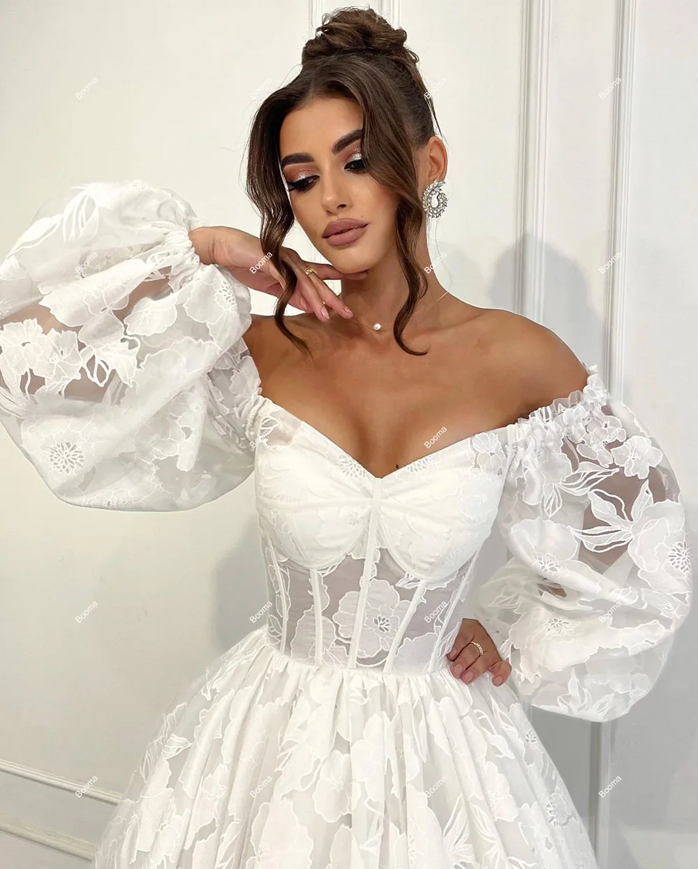 Booma-vestidos de novia acampanados de marfil para mujer, Floral con hombros descubiertos vestido de novia, mangas largas abullonadas, hasta el tobillo, vestidos de fiesta nupcial