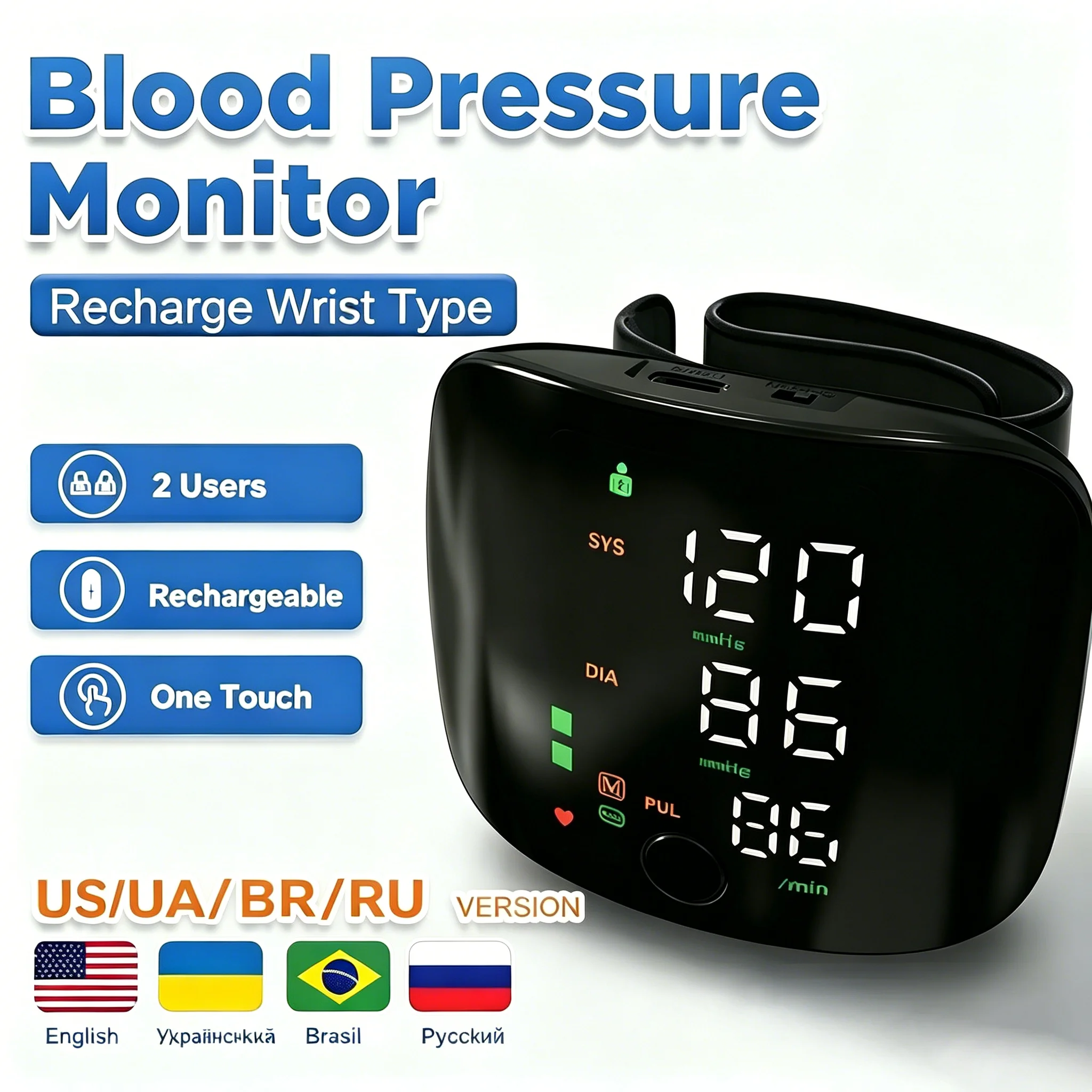 Tonometer Recarregável: Monitor de Pressão Arterial de Pulso, Monitor Médico de PA, Medidor de Frequência Cardíaca, Esfigmomanômetro, Dispositivo de Medição de Pressão
