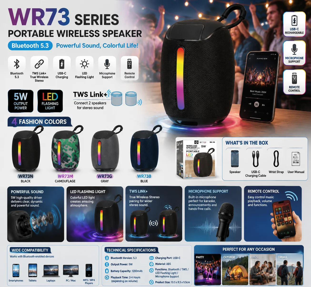 Altoparlante Bluetooth Portatile WR73 5W, Altoparlante Wireless Bluetooth 5.3 con Luce LED Lampeggiante, Accoppiamento Stereo TWS, Altoparlante Ricari
