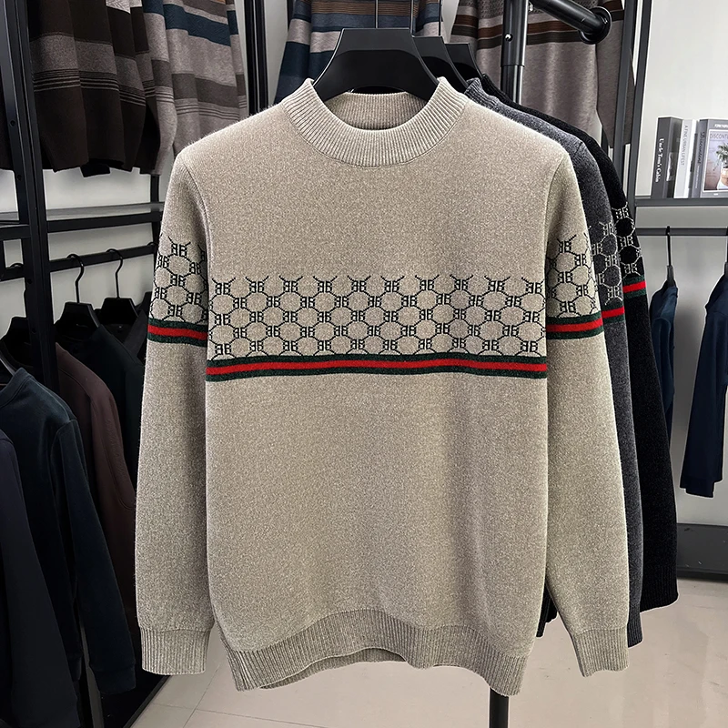 

Winter Men's Thickened Fleece Sweater with Half-high Collar, Made of Integrated Ferret Fleece, Knitted Top As A Base Shirt