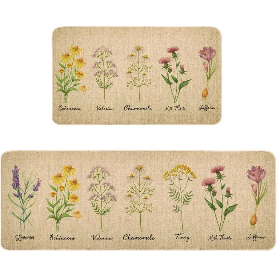 

Декоративные кухонные коврики с цветочным принтом, набор из 2 нескользящих впитывающих ковриков, удобные стоячие коврики, моющийся напольный коврик, сезонный коврик для