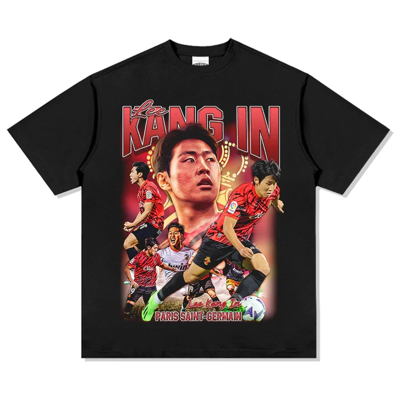 Star Player Lee Kang-in Pattern Printing Streetwear T-shirt Breathable Pure Cotton Summer Comfortable Vintage Fashion T-shirt
