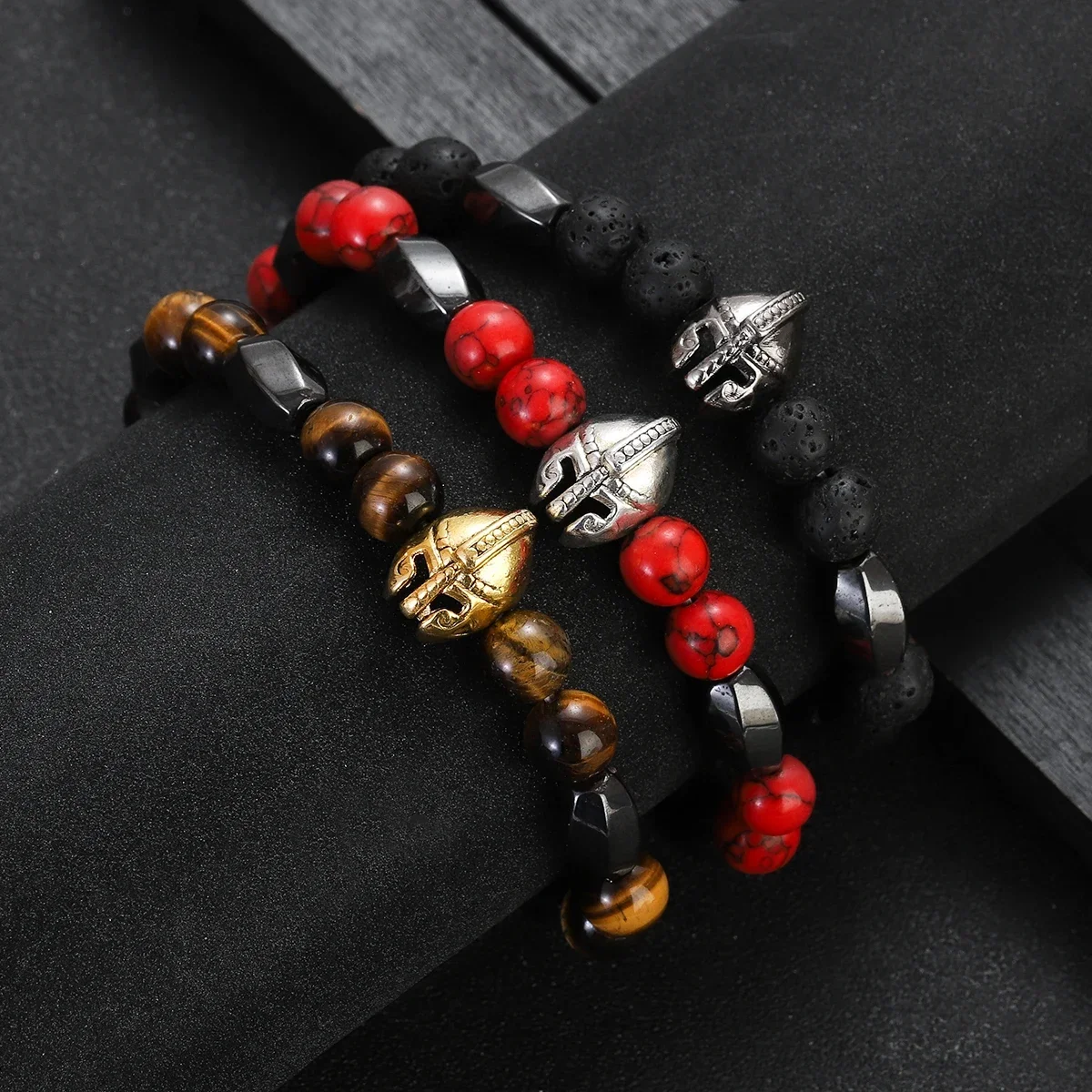 Fashion Spartan Warrior Helmet Lava Bracelet for Men New Natural Hematite Stone Black Elastic Bracelets Reiki Jewelry Gift