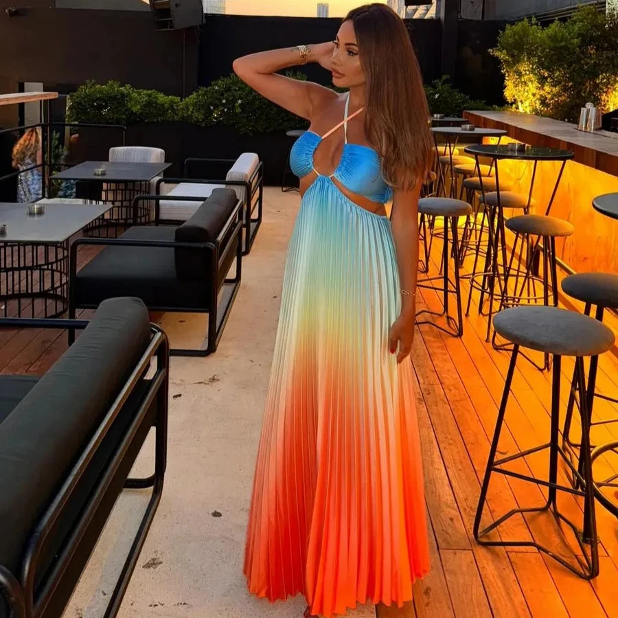 Fashion Gradient Holiday Dress Women Sexy Cut Out Backless Maxi Beach Dresses Summer Casual Loose Pleated Bohemia Outfits 2024