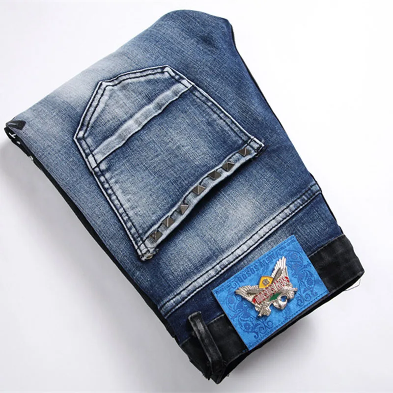 Men Punk Skinny Denim Letter Printing Jeans Male Patchwork Holes Ripped Stretch Casual Jeans Slim Fit Trousers Streetwear Pants