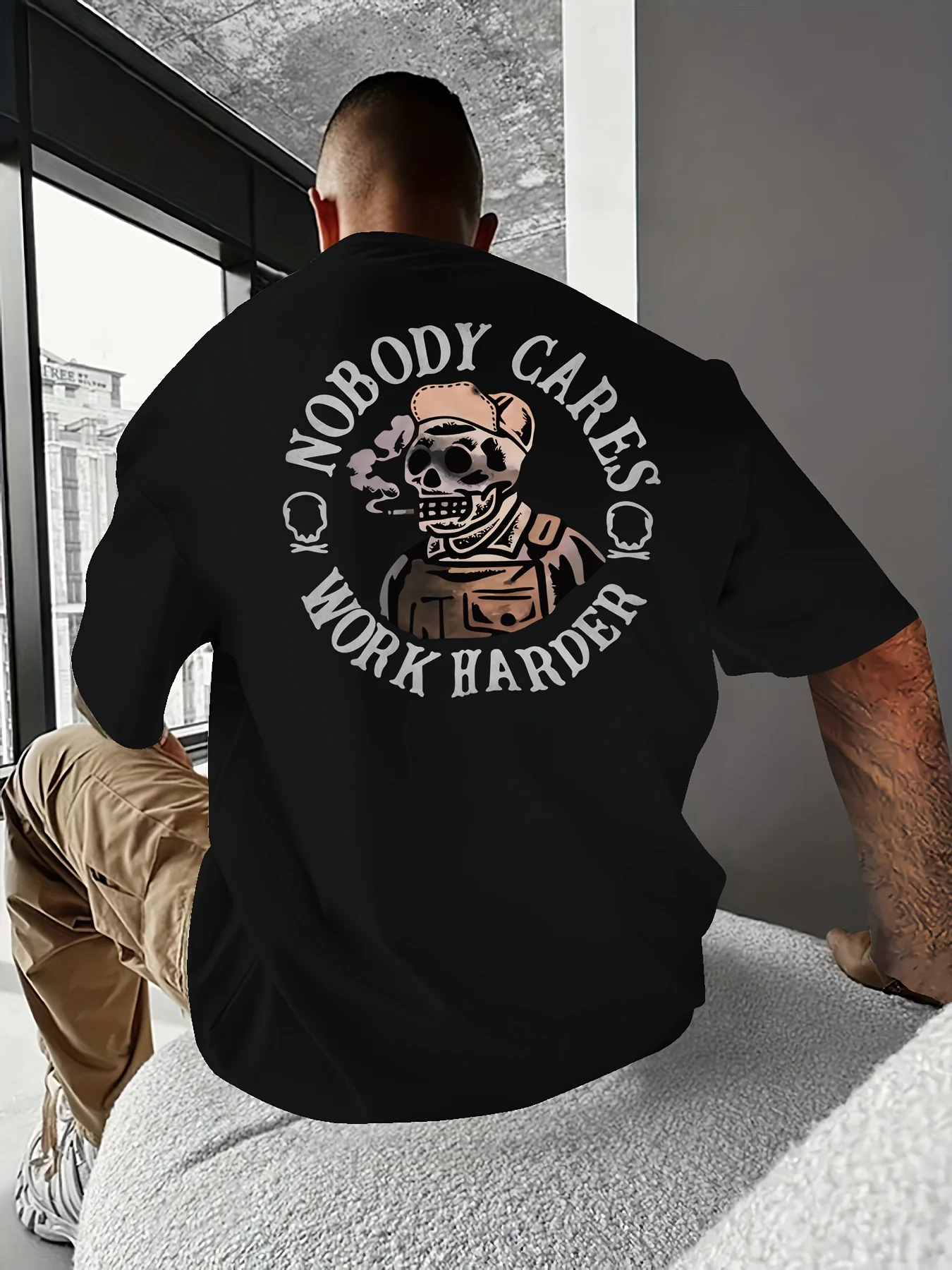 2025 New Men's NOBODY CARES WORK HARDER Skull Pattern T-shirts Summer Casual Comfortable Loose Fit Versatile Breathable Tops