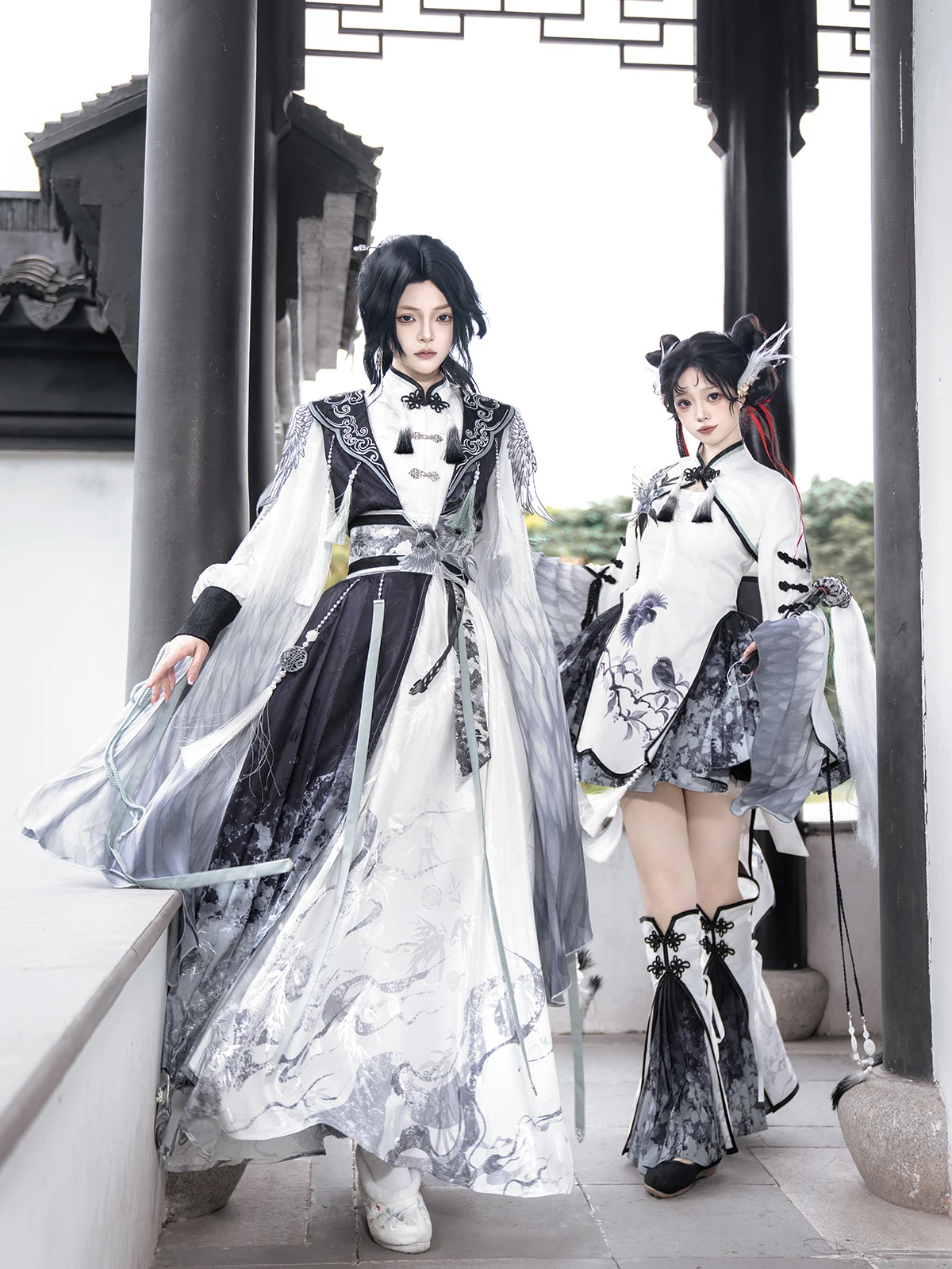 サイバーナショナルスタイルロリータ-クロウズフェアリーポエム漢服-女性用甘口水墨画古代風大学生向け黒白ロハフスカートセット