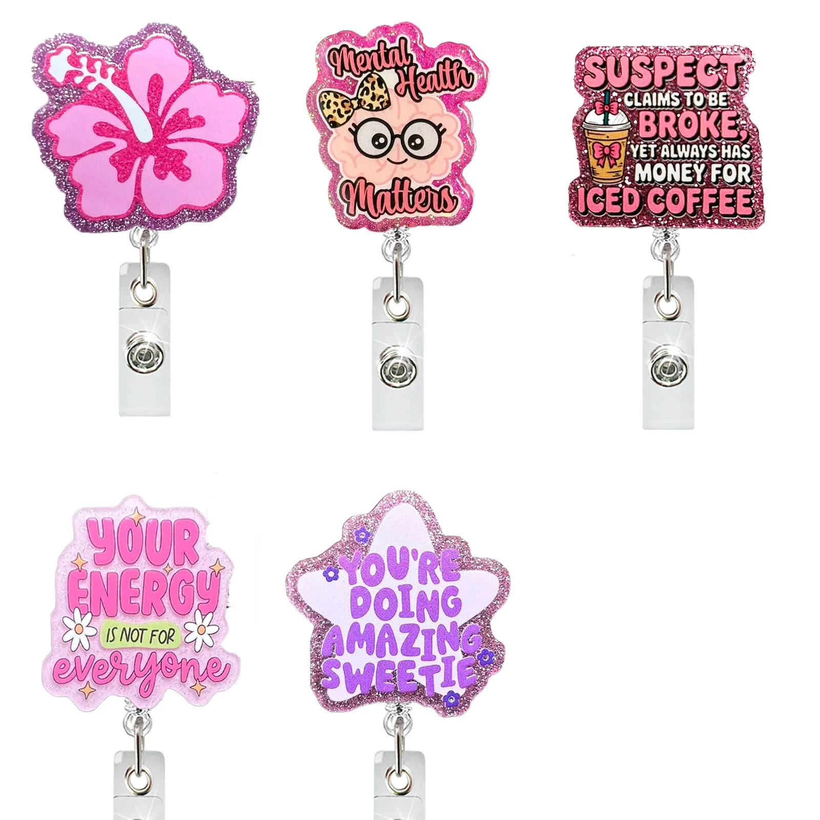 

Funny Glitter Cartoon Acrylic Badge Reels Retractable Alligator Clip Inspirational Quote ID Holder For Nurse Medical Staff