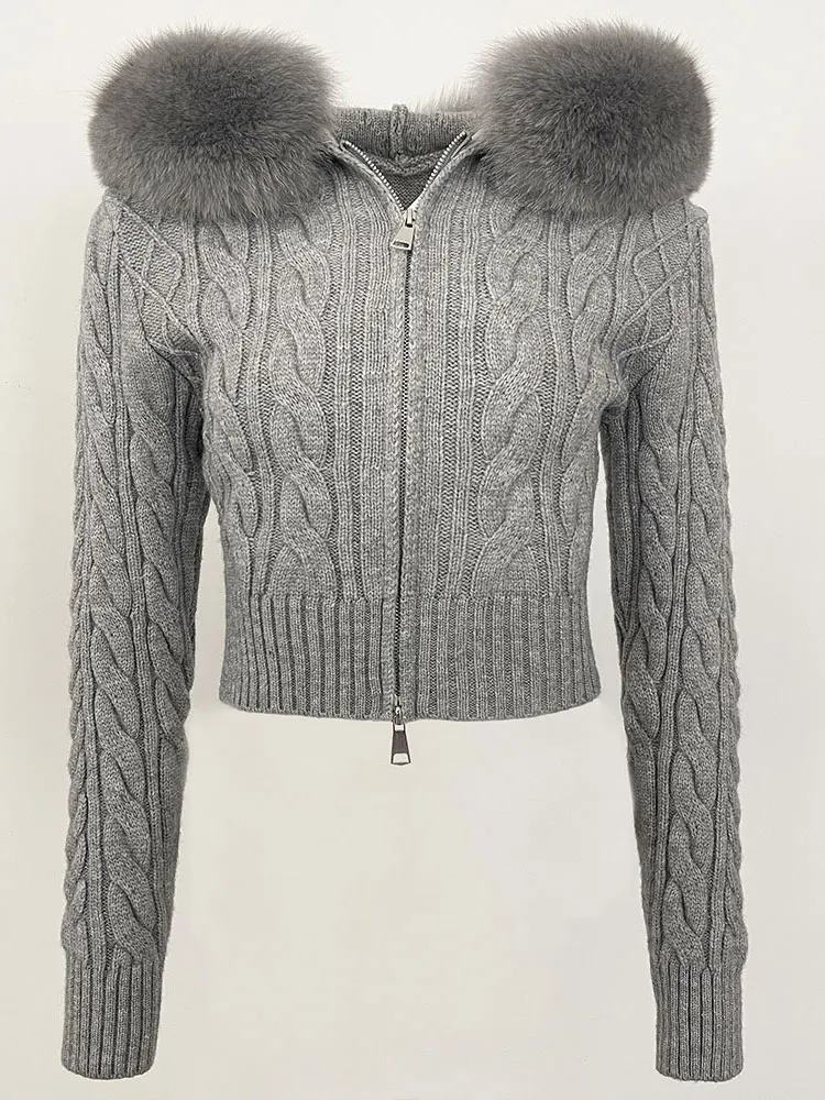 2025 nouveau printemps automne femmes court mince col de fourrure tricots solide réel fourrure de renard pull recadrée tricoté Cardigan femme