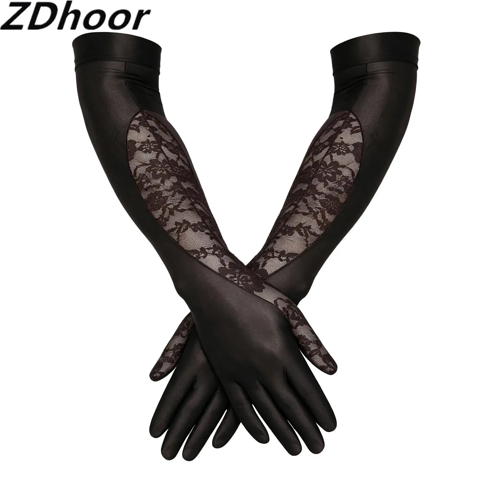 Glossy Long Gloves Sheer Mesh/Floral Lace Patchwork Full-finger Stretchy Mittens Elbow-length Gloves Arm Covers for Opera