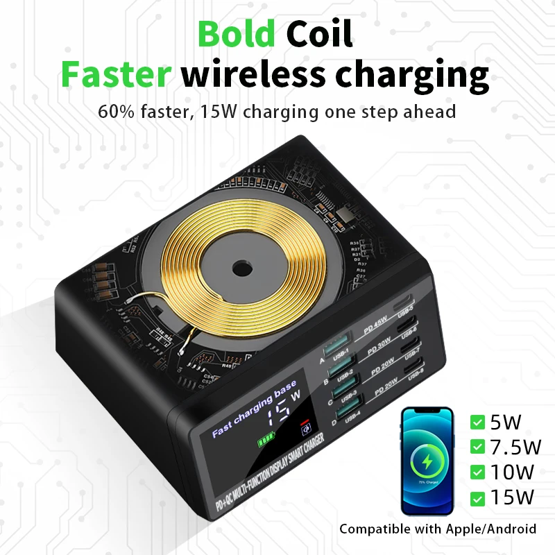 Multifunktionales 8-Port PD 45W QC3.0 Schnellladegerät Neue kabellose Ladestation für iPad und Mobiltelefon Fast Desktop Hub