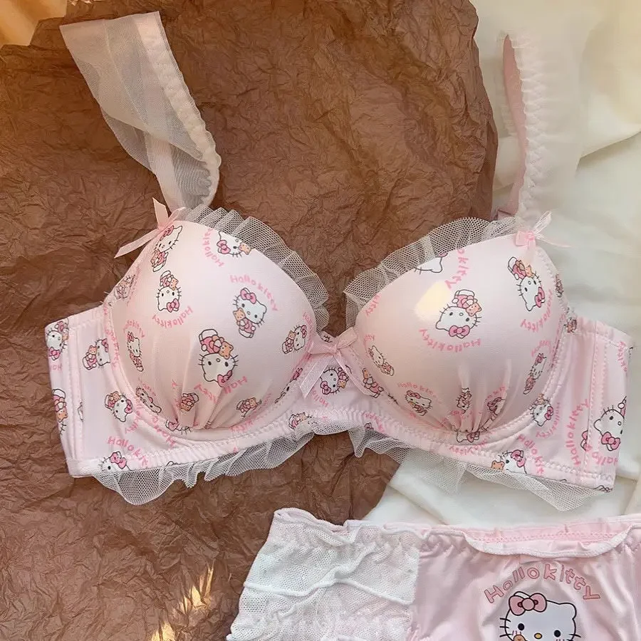 2024 Sexy Bra Set HelloKitty Kawaii Sweet Underwear Panties Push-Up Bra Comic Underwear Sexy Pure Desire Bra Girl Gift