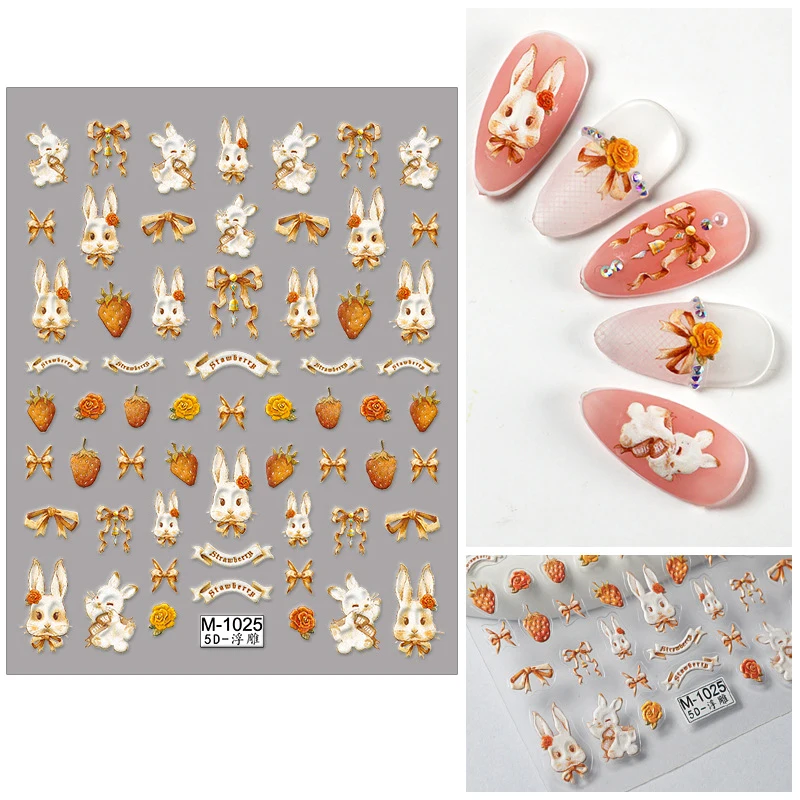 Lovely Strawberry Rabbit Nail Art Sticker Cartoon 3D Embossed Self Adhesive Nail Art Decoration Stickers 3D Manicure Decal Salon