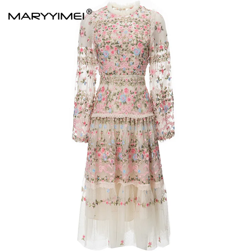 MARYYIMEI Vintage Fashion Designer Dress Women's Mesh Embroidered Translucent Lantern Sleeve Slim White Midi Dresses 2023 Newest