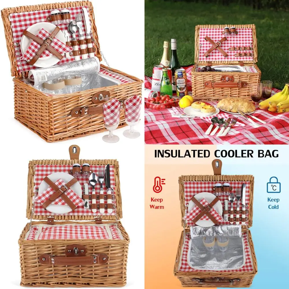 

zormy wicker picnic basket for 2 person, willow hamper basket sets with insulated compartment, handmade 2 person picnic basket c