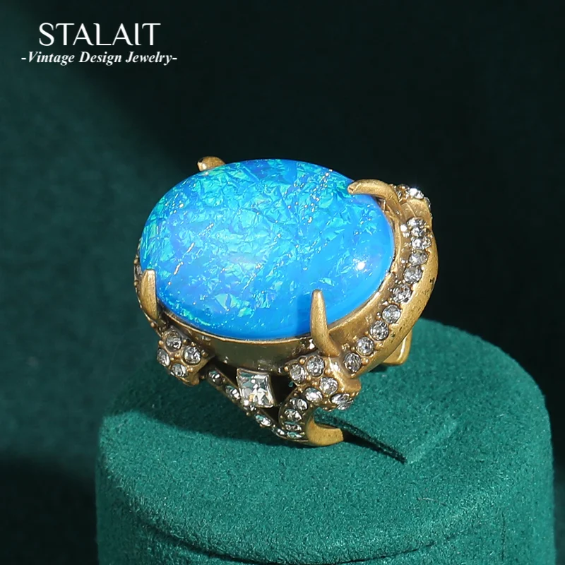 

Vintage Large Blue Opal Jewelry Ring Antique Gold Color Luxury Quality Designer Adjustable For Woman Accessories 2025 Trends