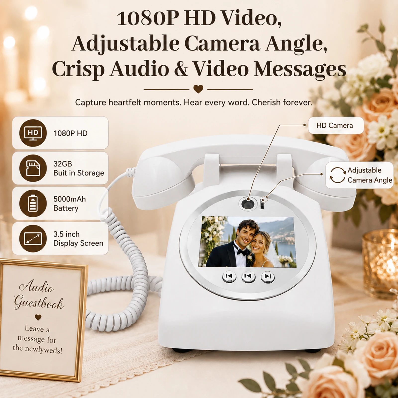 Retro Telephone Video Guestbook Wedding Audio Video Message Recorder for Banquet Guest Video Sign-In Phone Party Wishes Video