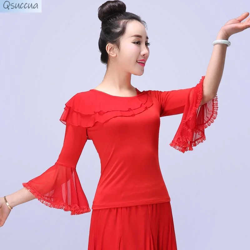 Latin Dance Costumes New One-Shoulder Tops Summer Modern National Standard Dance Clothes Flared Sleeves Costumes