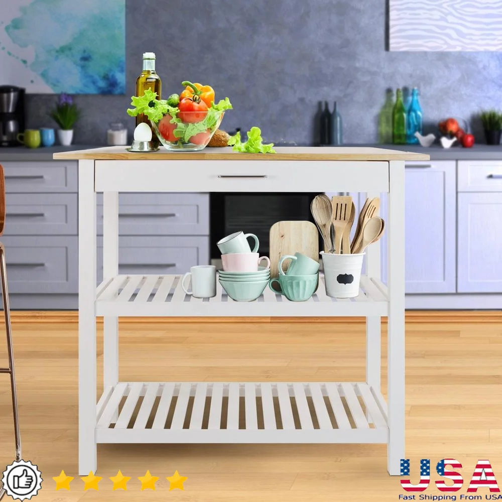 Towel Rack Kitchen Island with Storage Drawer and Shelves Hardwood Indoor Organizer Stainless Steel Handle Easy Assembly