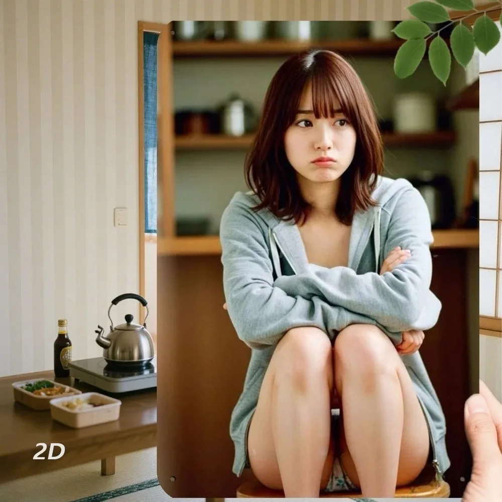 HD Tin Sign Japanese Girl in Grey Hoodie Kitchen Themed 2D Flat Vintage Metal Wall Art Decor for Home Bar Man Cave