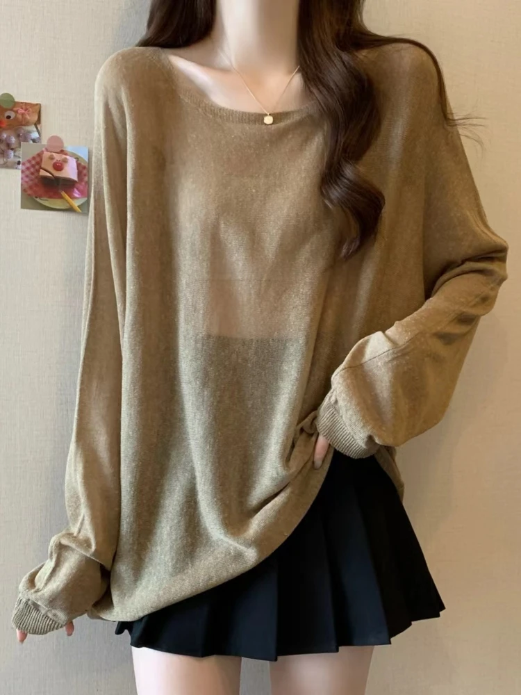 

Thin Long Sleeve Ice Silk Knitted Sunshade Cover up Women Summer plus Size Slimming Sexy Semi-Transparent Top Korean Style