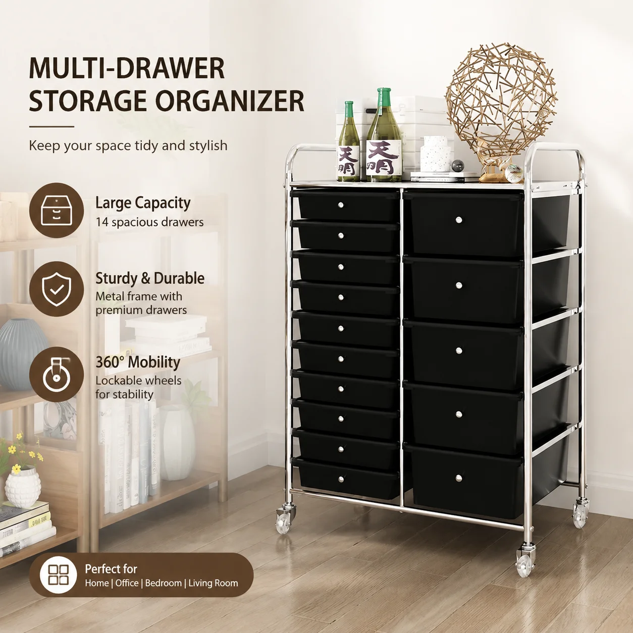 Pastel Multilayer Sliding Storage Cart with Deep Drawers, Carbon Steel Frame & Locking Casters
