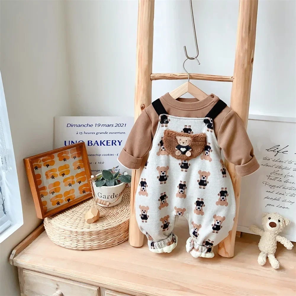 

New in : Kids Baby 2pcs Set for Early Winter - Korean Style Bear Overall + Solid Color Swearshirt Boys Children Autumn Outfit