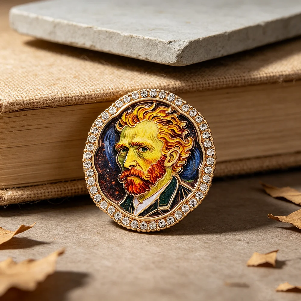 Gold Plated Alloy Enamel Van Gogh Portrait Brooch, Rhinestone Border Art Lapel Pin, Vintage Oil Painting Metal Badge
