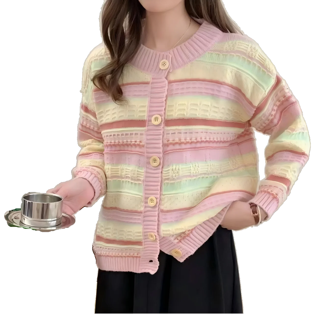 

Sweetheart Button Cardigan 2025 Pastel Pairings & Stripes O-Neck Everyday Knit Midweight Fall Winter Easy Fit Cozy Candy Chic