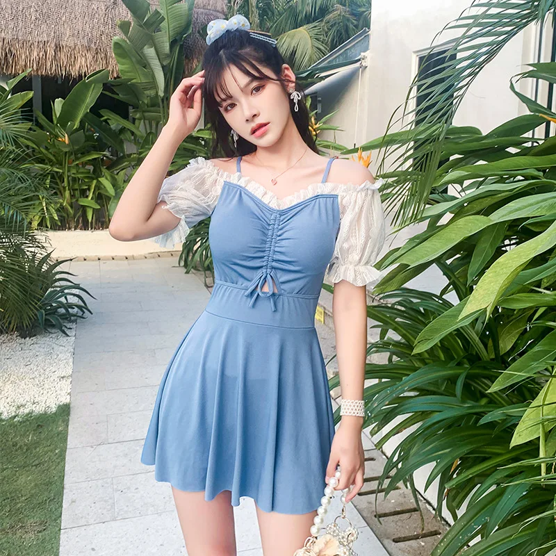 New 2024 Swimwear Women Boxer Shorts Swimming Suit Flounce V Neckline Korean Swimsuit Skirt One Piece Set Women Summer Plus Size