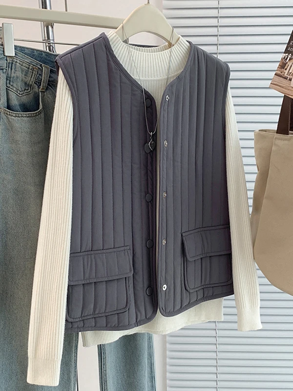

Quilted Cotton Vest Women's Autumn Winter Thi Warm Layered Wear Loose Filling Stripe Patterned Retro Sle Button Detail