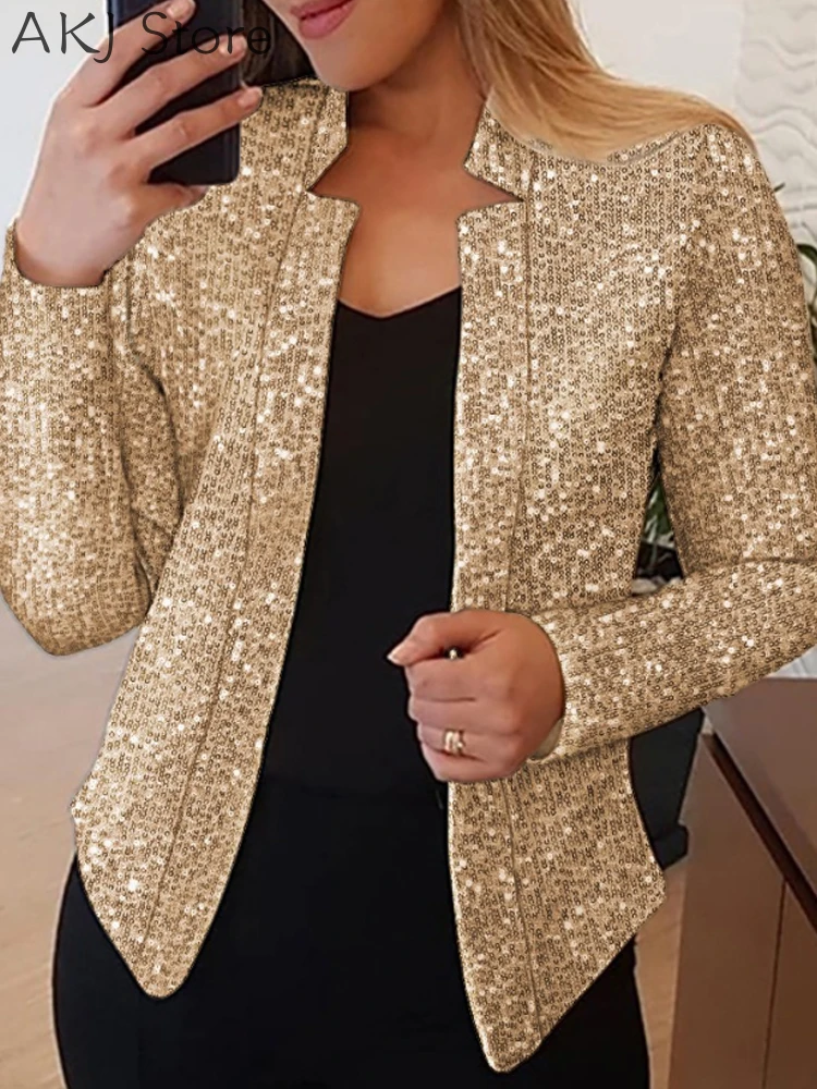 

Women V-Cut Design Long Sleeve Sequin Blazer Coat Jacket