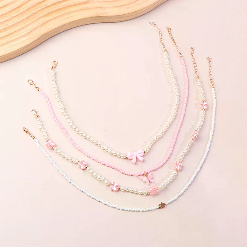 4 قطعة/المجموعة الفتيات فراشة القلب زهرة اللؤلؤ والخرز اليدوية قلادة مجموعة الأطفال في سن المراهقة الصداقة أفضل هدية للأصدقاء #4