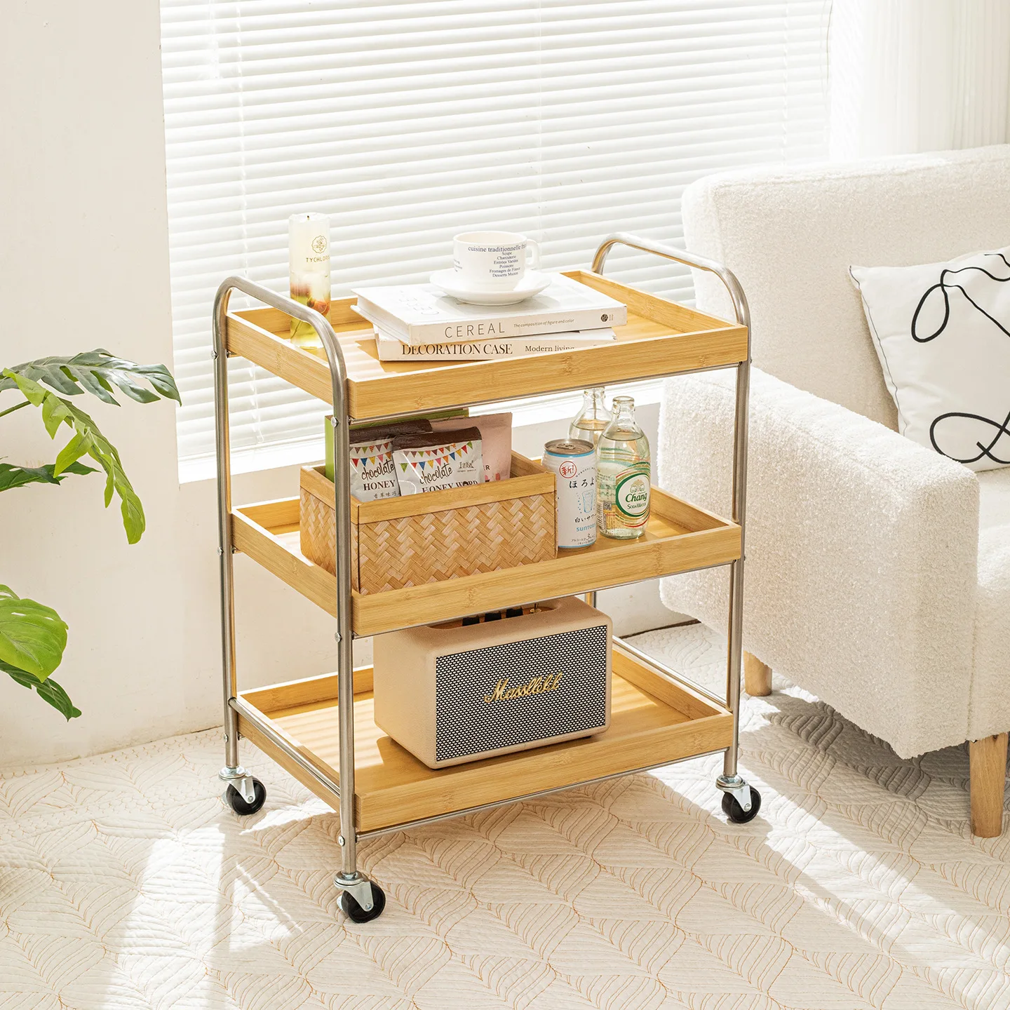 

HYSDIY stainless steel wheeled trolley living room retro movable sofa side coffee table storage rack